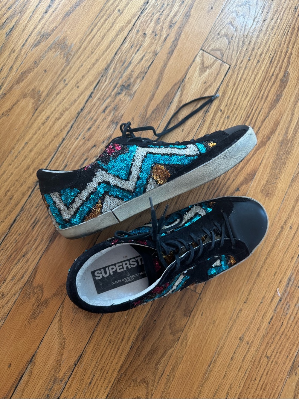 Golden Goose Black Sneakers with Teal and Red Sequin Details - Picture 3 of 4